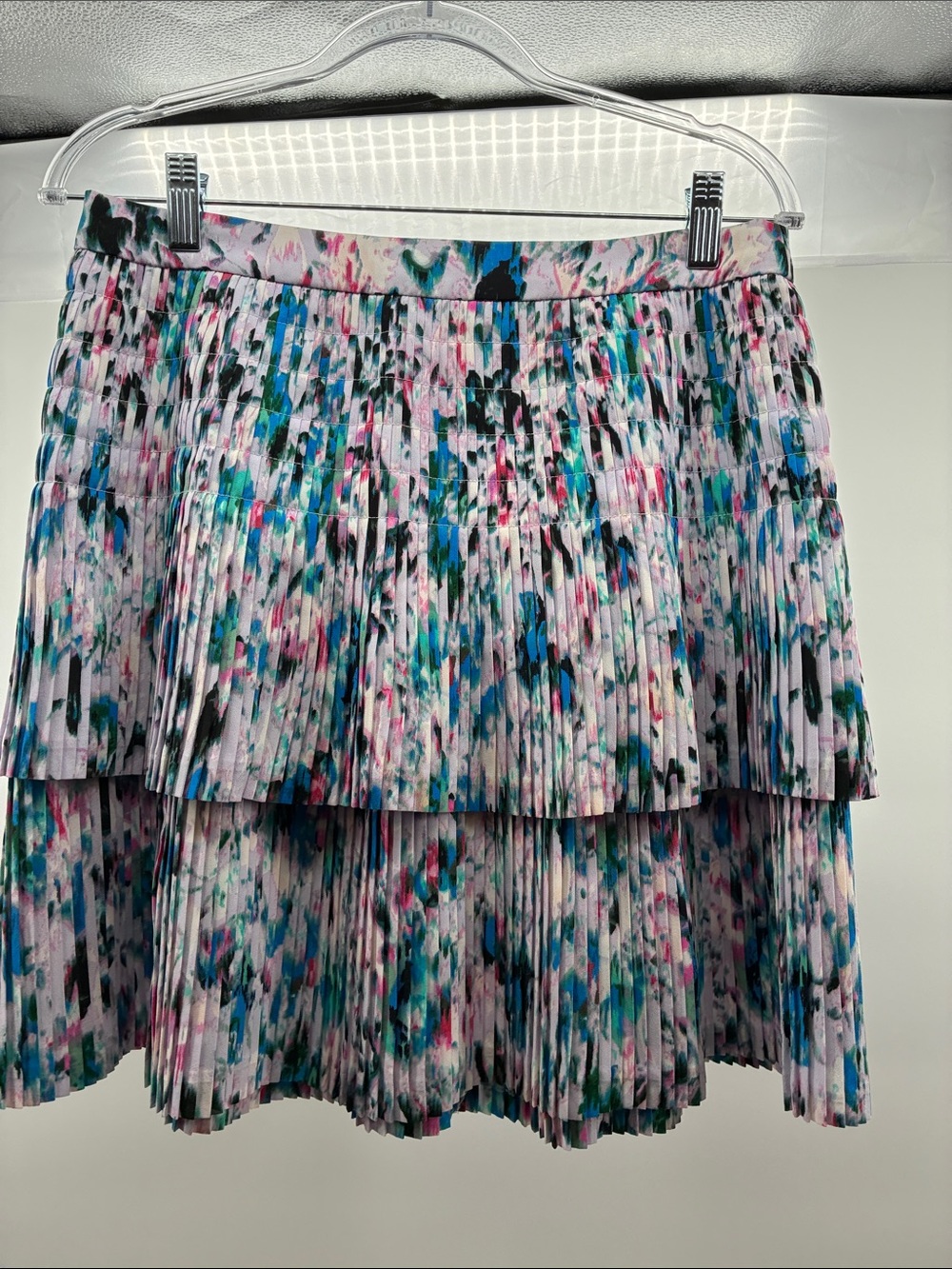 J. Crew Pleated Tiered Skirt — Pink, Blue & Black Abstract Print
